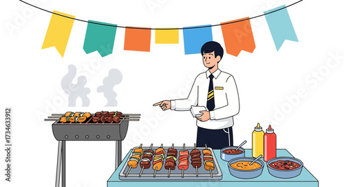 Illustration of a man selling barbecue skewers at an outdoor event with colorful flags and sauces