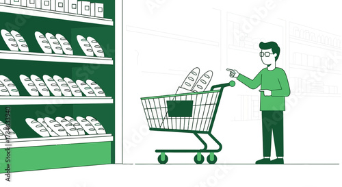 Illustration of a man shopping for bread in a grocery store using a shopping cart