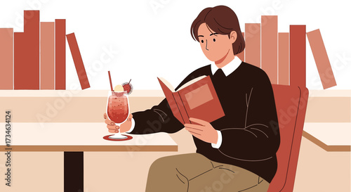 Illustration of a person reading a book while enjoying a refreshing cocktail indoors
