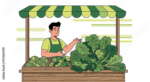 Illustration of a smiling vendor at a farmers market selling fresh organic vegetables and greens