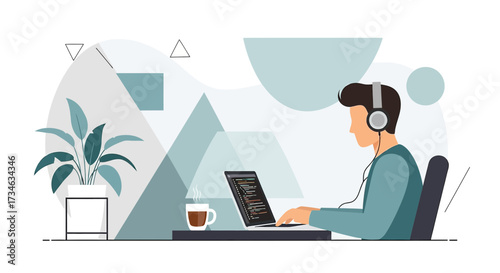Illustration of a software developer working on a laptop with headphones on at his desk