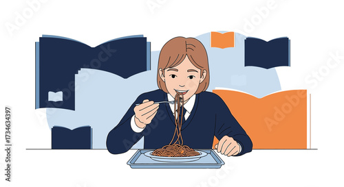 Illustration of a student enjoying spaghetti while surrounded by open books representing learning
