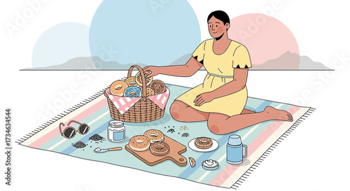 Illustration of a woman enjoying a bagel picnic on a blanket with a scenic backdrop