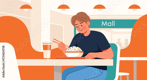 Illustration of a young man enjoying a rice bowl at a food court in a shopping mall