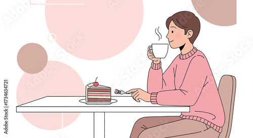 Illustration of a young man enjoying coffee and cake in a cafe with a soft color palette
