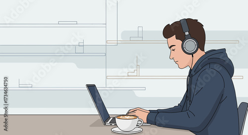 Illustration of a young man working on a laptop while listening to music with headphones indoors