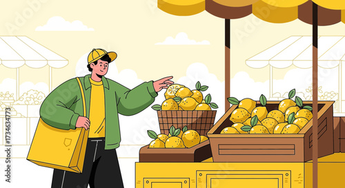 Illustration of a Young Man Buying Lemons at a Farmers Market Stall on a Sunny Day