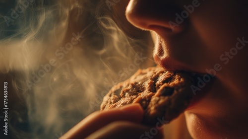 Person eating warm chocolate chip cookie