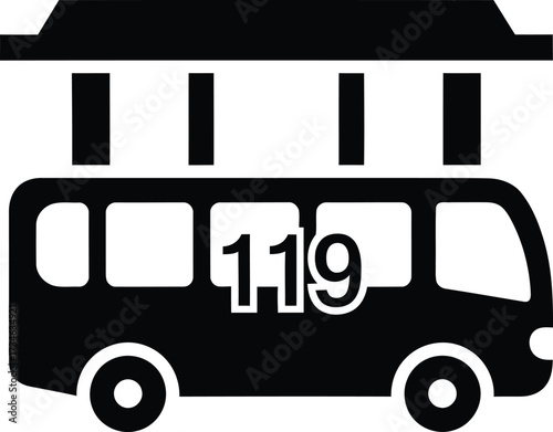 Black silhouette of a bus with a bus stop shelter and route number 119
