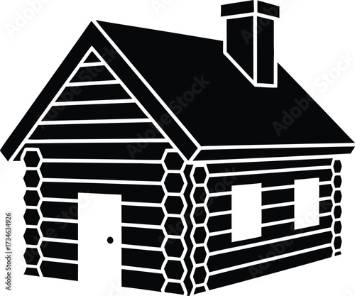 Rustic log cabin silhouette with chimney and windows