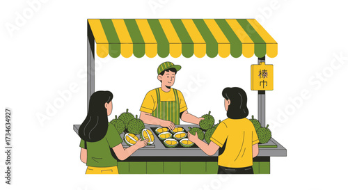 Illustration of durian seller at a market stall serving customers with fresh durian