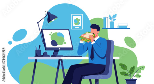Illustration showcasing a businessman working at his desk while enjoying a sandwich lunch