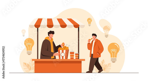 Illustration showcasing a food stall with fried chicken and customer enjoying a piece with light