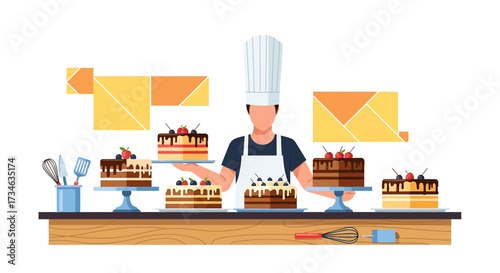 Illustrative pastry chef with delightful cakes displaying culinary artistry and expertise