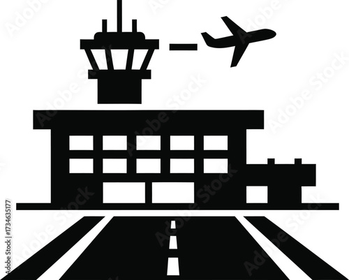 Airport terminal building and control tower with airplane icon