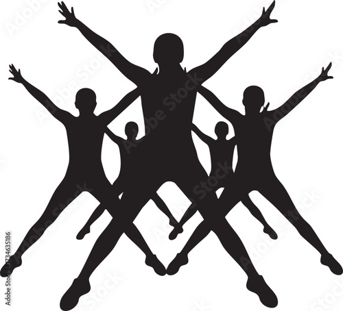 Aerobics Class Mid-Jump Star Silhouettes - Fitness Group Vector