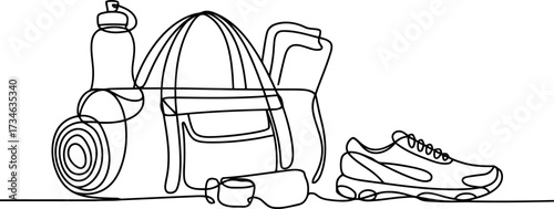 A collection of fitness items, including a water bottle, a gym bag, a yoga mat, and a running shoe, are depicted in a single continuous line art style.