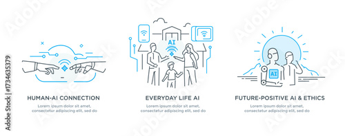 Set of illustrations concept with businessmen. technology, partnership, artificial intelligence business robot, cybes. linear illustration Icons infographics. Landing page site print poster. Line
