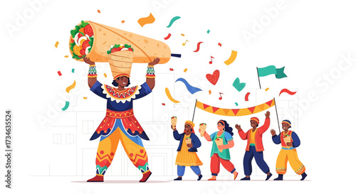 Joyful procession celebrating cuisine and culture with a giant burrito float and happy people