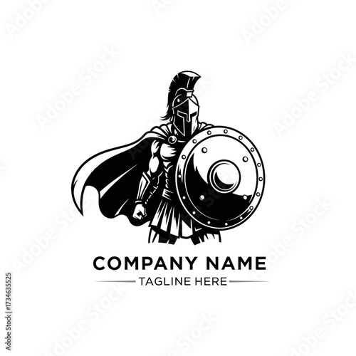 Monochrome logo of a powerful Spartan warrior in armor holding a large round shield.