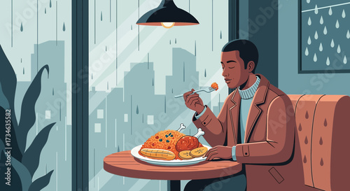 Man enjoying a meal indoors during a rainy day with a cityscape view illustration