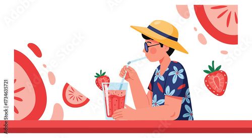 Man enjoying strawberry smoothie on summer vacation in trendy vector illustration