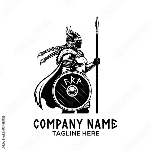 Black and white illustration of a strong female Viking warrior with spear and shield, suitable for a company logo.