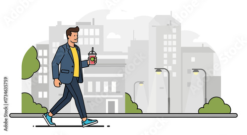 Man enjoying urban walk with drink in city setting creating a casual atmosphere
