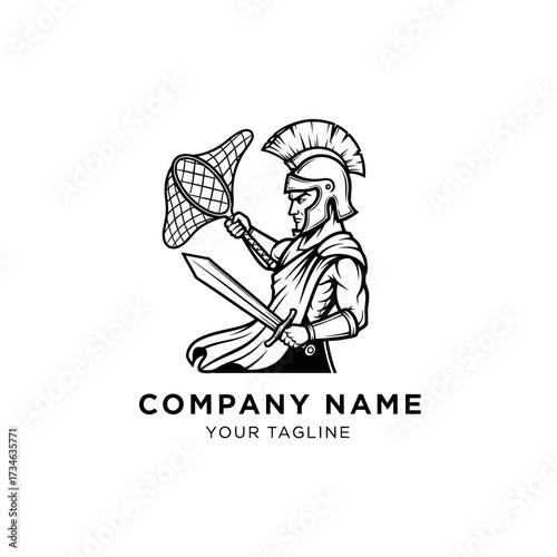 A black and white logo of an ancient Roman gladiator, a Retiarius, holding a net and a sword.