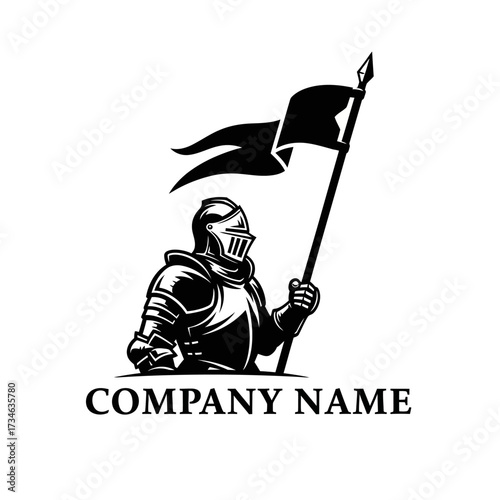 Black and white logo featuring a medieval knight in full armor holding a flag on a pole, suitable for a company emblem.