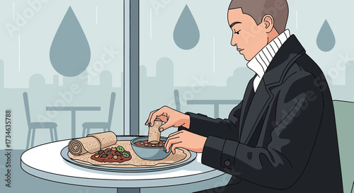 Man enjoys Ethiopian cuisine indoors on a rainy day creating a cozy atmosphere and feeling a sense