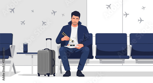 Modern Airport Lounge Scene: Man Enjoying Sushi while Waiting for Flight Departure