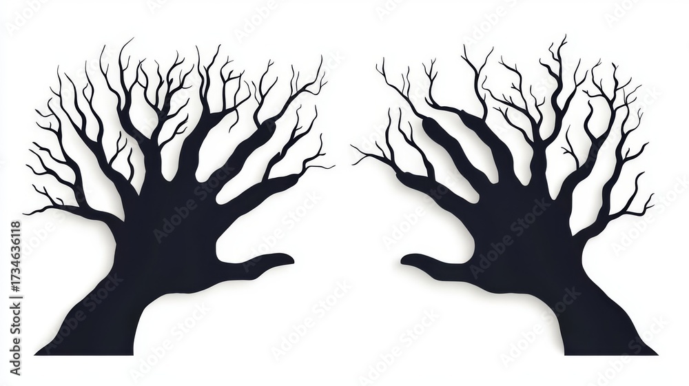 Fototapeta premium Stylized silhouettes of bare trees resembling hands create a unique artistic design for creative projects.