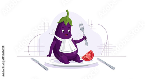 Playful Eggplant Character Ready to Eat a Tomato Slice on a Plate with Utensils