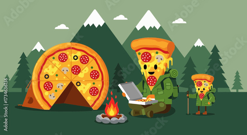 Pizza camping adventure in the mountains with pizza tent and pizza characters enjoying a campfire