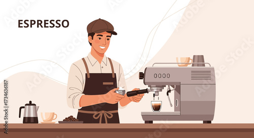Professional barista preparing espresso using an espresso machine with coffee beans and cups on