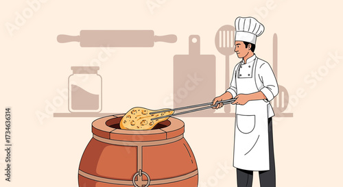 Professional chef preparing naan bread in a tandoor oven in a commercial kitchen setting