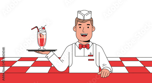 Retro Diner Waiter Serving a Milkshake on a Red and White Checkered Tablecloth Design