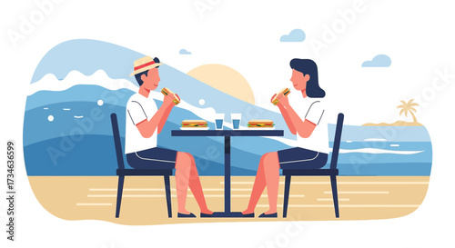Romantic beachside lunch, couple enjoying sandwiches with ocean backdrop, casual dining