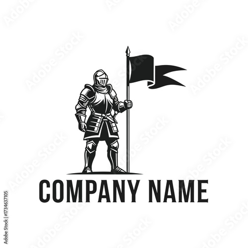 Black and white illustration of a knight in armor holding a flag, company logo.