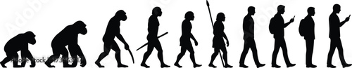 Black silhouette evolution of man from ape to modern smartphone user — vector illustration for science, education, tech, biology, and design projects