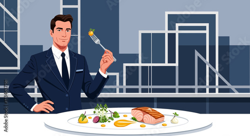 Sophisticated businessman presenting gourmet salmon dish against a city skyline backdrop