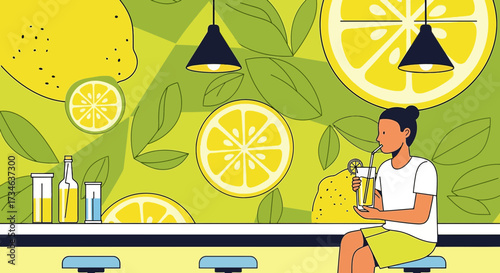 Stylish illustration featuring a woman enjoying lemonade in a modern, lemon-themed bar