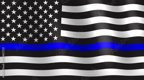 american usa police thin blue line flag in the wind