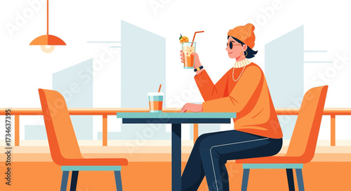 Stylish woman enjoying a refreshing tropical cocktail at an outdoor cafe illustration