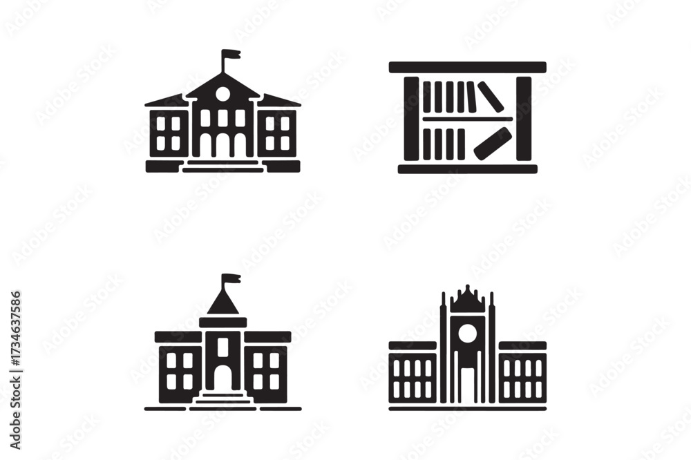 Obraz premium Set of four black and white icons representing educational institutions and knowledge