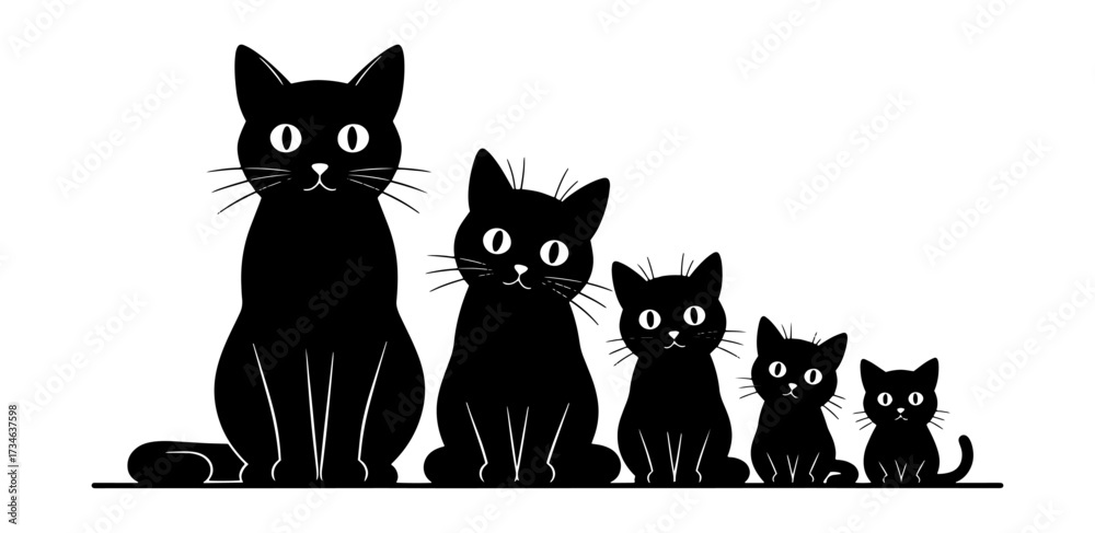 Fototapeta premium Family of black cats sitting in a row different sizes cute silhouette animals pets vector