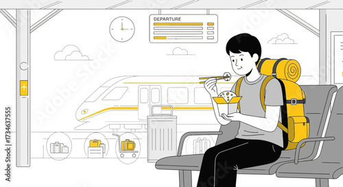 Traveler enjoys a meal at a train station before embarking on an adventure journey