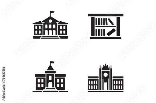 Set of four black and white icons representing educational institutions and knowledge