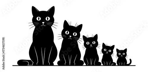 Family of black cats sitting in a row different sizes cute silhouette animals pets vector
